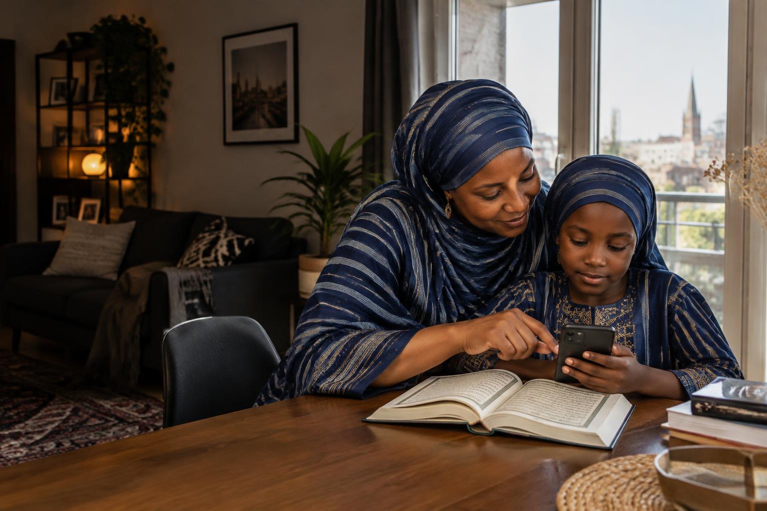 Une mère peule accompagne sa fille dans la lecture du Coran, à la maison