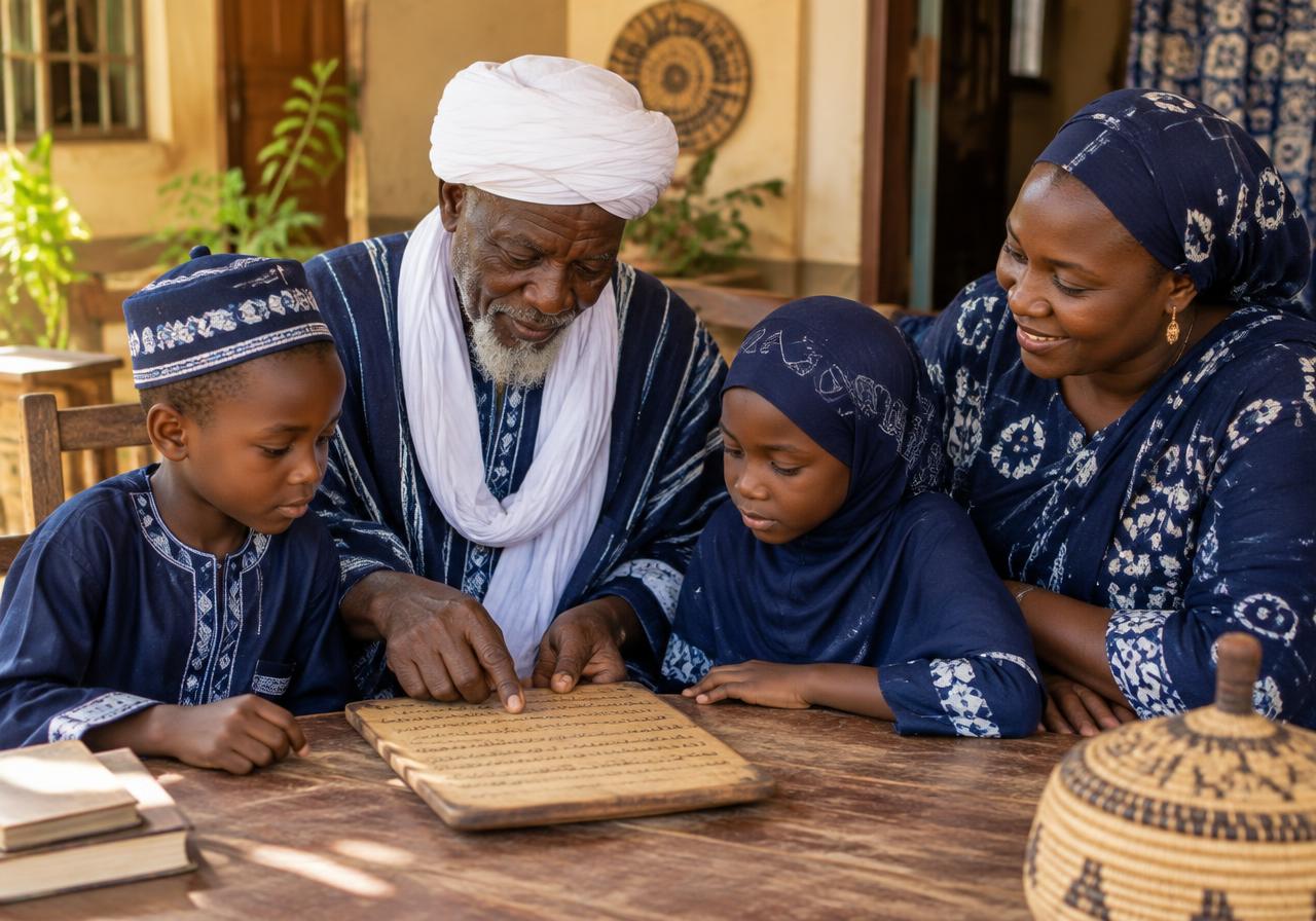 Un grand-père et une mère accompagnent deux enfants avec une tablette coranique en bois
